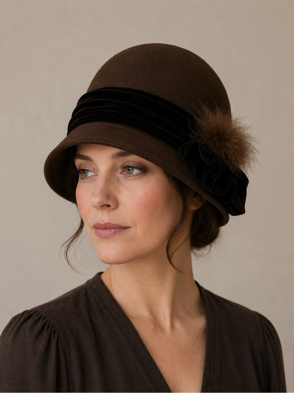 Classic Brown Cloche Hat with Velvet Band and Pom Accent